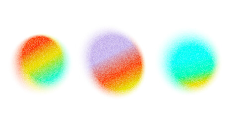 Gradient blobs set, gradation circle, grain noise texture abstract background. Watercolor gradient blend mesh of neon iridescent gradation. Blur shapes, abstract grain noise. Vector illustration eps10