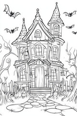Naklejka premium This coloring page features a spooky haunted house with bats flying around it, perfect for kids and adults to color in for halloween