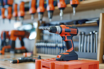 Cordless drill with a drill bit attached is sitting on a workbench in a workshop, surrounded by other tools
