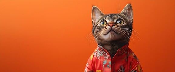 Tabby cat wearing colorful tropical shirt on orange background. Pet summer fashion and vacation concepts