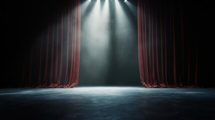 Theater stage with red curtains illuminated by spotlight, ready for performance.
