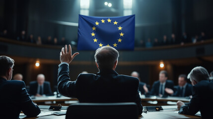 A dynamic image of the backs of politicians gesturing animatedly while discussing issues, the EU flag prominently displayed, symbolizing collaboration in addressing challenges.