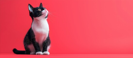 Attentive black and white cat looking up on bright red background. Pet curiosity and feline behavior concepts