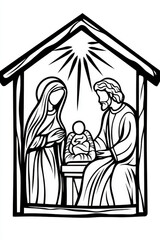 Religious outline illustration of the holy family with baby jesus in the manger, ready for coloring © Running opossum