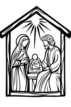 recommend clip art: Religious outline illustration of the holy family with baby jesus in the manger, ready for coloring