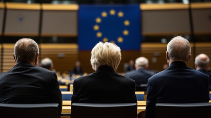 The back view of politicians with their heads turned slightly, as if listening to a speaker, the EU flag behind them serving as a powerful reminder of their shared mission.