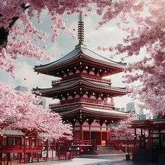Cherry blossoms and sensei temple Asakusa picture