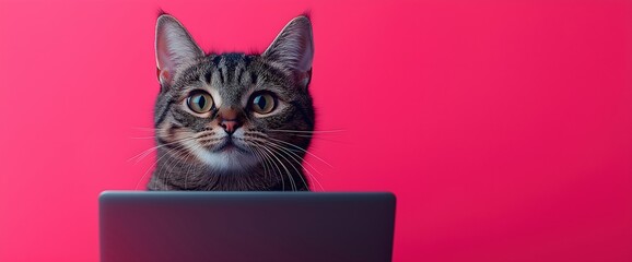 Attentive tabby cat peeking over laptop on vibrant pink background. Pet technology and work from home concepts. Place for text