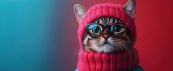 Fototapeta premium Stylish tabby cat wearing pink knit hat and glasses on gradient background. Pet fashion and winter lifestyle concepts. Banner with copy space