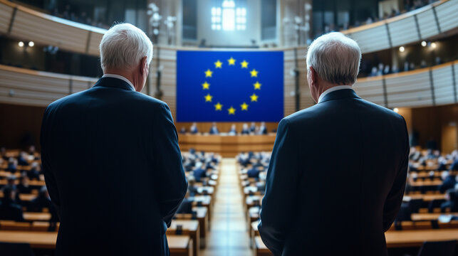 The back view of unrecognizable politicians in deep conversation, with the EU flag as a backdrop, highlighting the collaborative spirit necessary for effective governance.