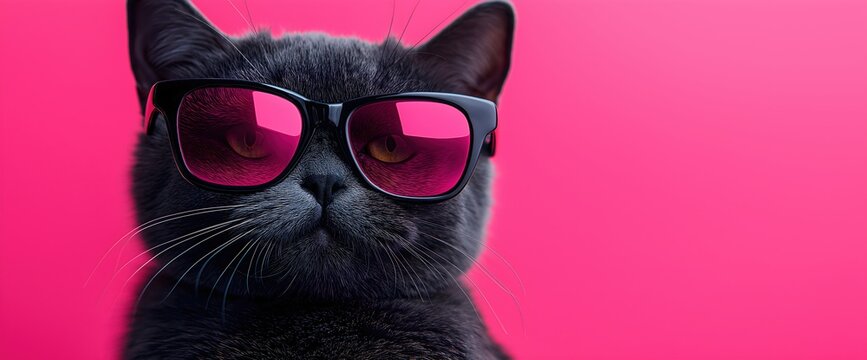 Cool black cat wearing stylish sunglasses on vibrant pink background. Pet fashion and urban lifestyle concepts. Banner with copy space