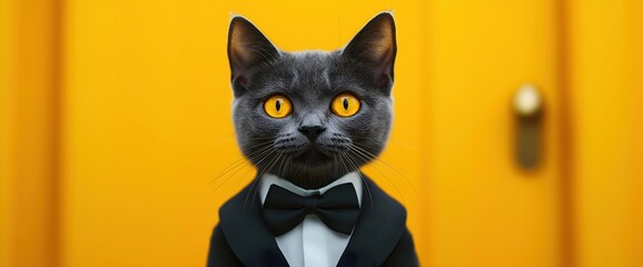 Elegant black cat in tuxedo bow tie against vibrant yellow background. Formal pet events and luxury animal services marketing. Banner with copy space