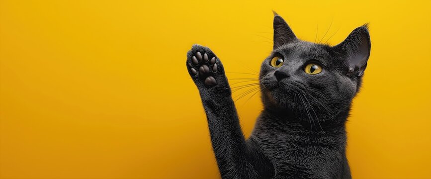 Playful black cat raising paw against vibrant yellow background. Pet adoption campaigns and feline behavior concepts. Place for text