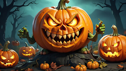 pumpkin fruit cartoon character illustration with scary expression on hellowen event