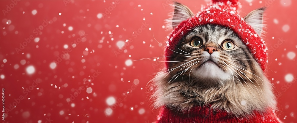 Wall mural adorable fluffy cat wearing red knit hat with snow flakes against festive backdrop