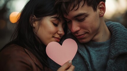 Couple sharing a tender moment, holding a pink paper heart, with heads leaned together.