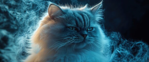 Majestic fluffy cat with piercing eyes surrounded by ethereal blue mist for mystical and atmospheric feline concepts