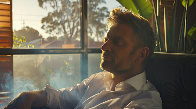 Angel investor with halo evaluating startup pitch, serene smile in soft morning light, entrepreneurial success concept