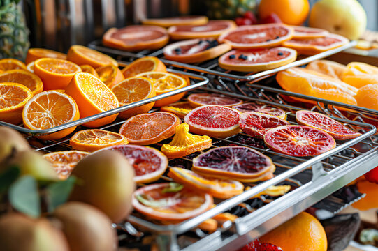 Metal grid trays holding a variety of drying citrus fruit slices inside a food dehydrator