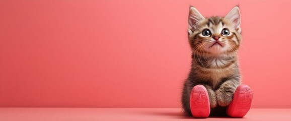 Adorable tabby kitten wearing oversized red shoes against coral background for playful. Fashion and feline humor concepts. Banner with copy space