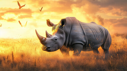 Fototapeta premium A critically endangered rhino standing in the savannah at sunset 