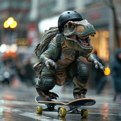 Naklejka premium t rex riding a skateboard thru the streets, wearing a helmet 