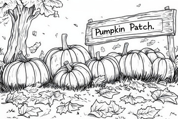 Coloring page illustration featuring a collection of pumpkins in a pumpkin patch with autumn leaves falling around them
