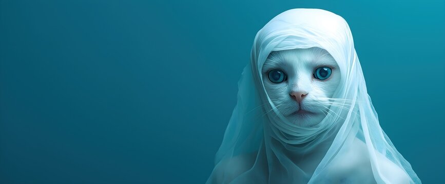 Ethereal white cat with piercing blue eyes draped in sheer fabric against teal background. Mystical pet portraits and feline elegance concepts. Banner with copy space