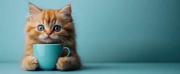Adorable ginger kitten with turquoise mug on blue background. Pet care, coffee shop or social media content creation. Banner with copy space