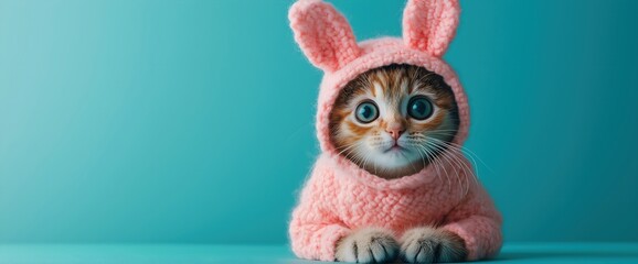 Cute ginger kitten wearing pink bunny costume on turquoise background for Easter greeting cards or pet fashion marketing. Place for text