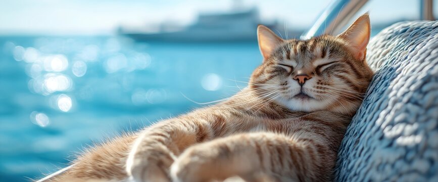 Contented tabby cat relaxing on cushion with sparkling sea and cruise ship background. Pet-friendly travel or vacation concepts