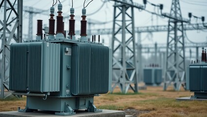 A transformer at an electrical substation. Transmission of electricity.