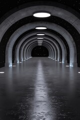 Obraz premium Long, Empty Concrete Tunnel with Arched Ceiling, Recessed Lighting, Deep Perspective Leading Lines