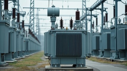 A transformer at an electrical substation. Transmission of electricity.