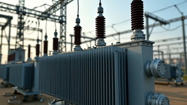 A transformer at an electrical substation. Transmission of electricity.