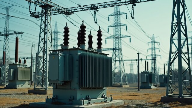 A transformer at an electrical substation. Transmission of electricity.