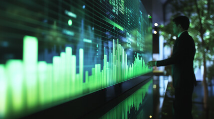 A futuristic green bar chart projected on a screen at an eco-investment summit, showcasing the positive trends and opportunities in the market for environmentally conscious investo