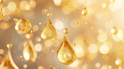 Golden droplets absorbed into skin layers, enhancing hydration and elasticity, soft glowing tones, skincare science concept