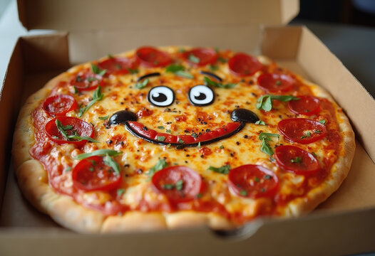 Pizza in a box with smile emoji