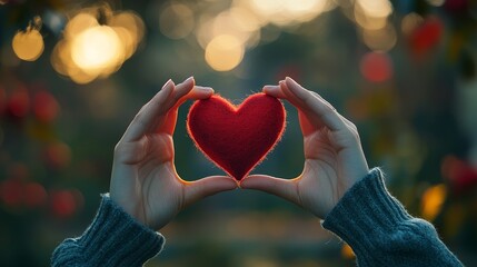 Individual holding a red heart, forming a love symbol with a warm bokeh background.