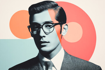 Stylish portrait of a man with glasses, combining retro themes with modern graphic elements and smooth colors.