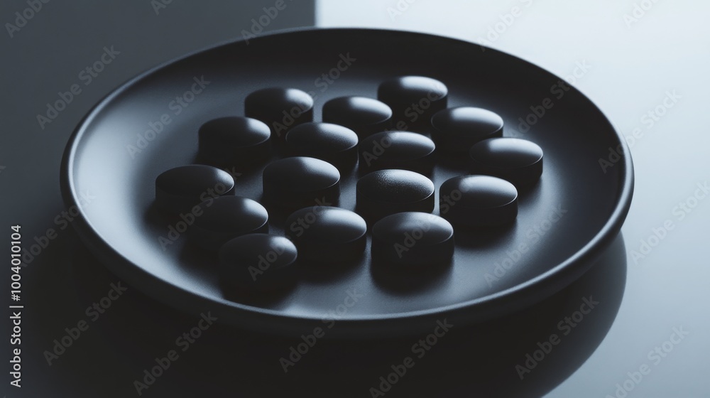 Fototapete a collection of smooth black stones is neatly arranged on a matte dark plate. the composition captur