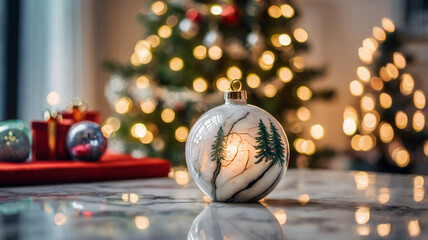 Fototapeta premium The modern interior space is decorated with festive Christmas decorations and the living room is cozy and fuzzy