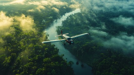 Small bright airplane single-engine flying above the forest, aerial view