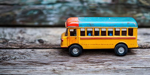 Miniature Toy School Bus on Wooden Surface