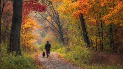 Fototapeta premium Man and Dog Walking on a Path Through Autumn Woods
