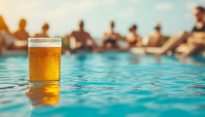 Refreshing beer glass beside a pool, sunny atmosphere and relaxation vibe.