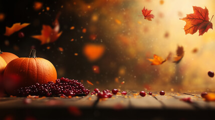 A fall-inspired background with pumpkins, pomegranates, and berries spread out on a rustic table, as falling orange leaves create a soft and warm autumn ambiance.