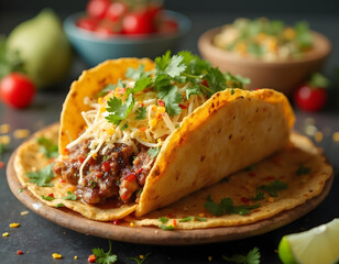 Beef tacos with lettuce , cheese and salsa on a wooden plate 