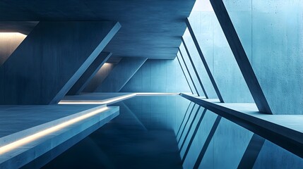 Minimalist Concrete Corridor with Geometric Shapes and Subtle Glowing Reflections
